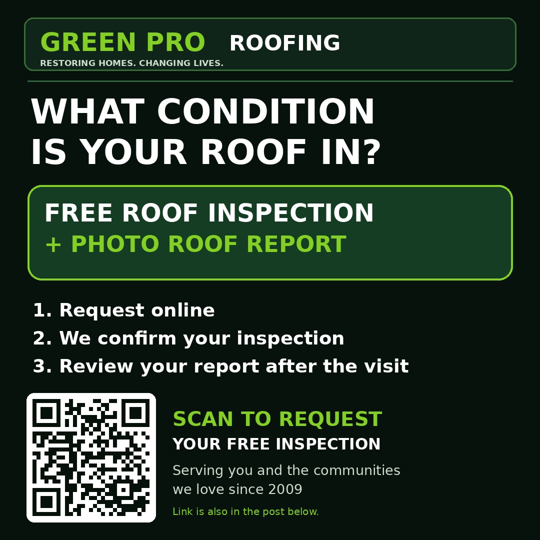 Green Pro Roofing: What condition is your roof in? Free roof inspection and photo roof report. Serving you and the communities we love since 2009.